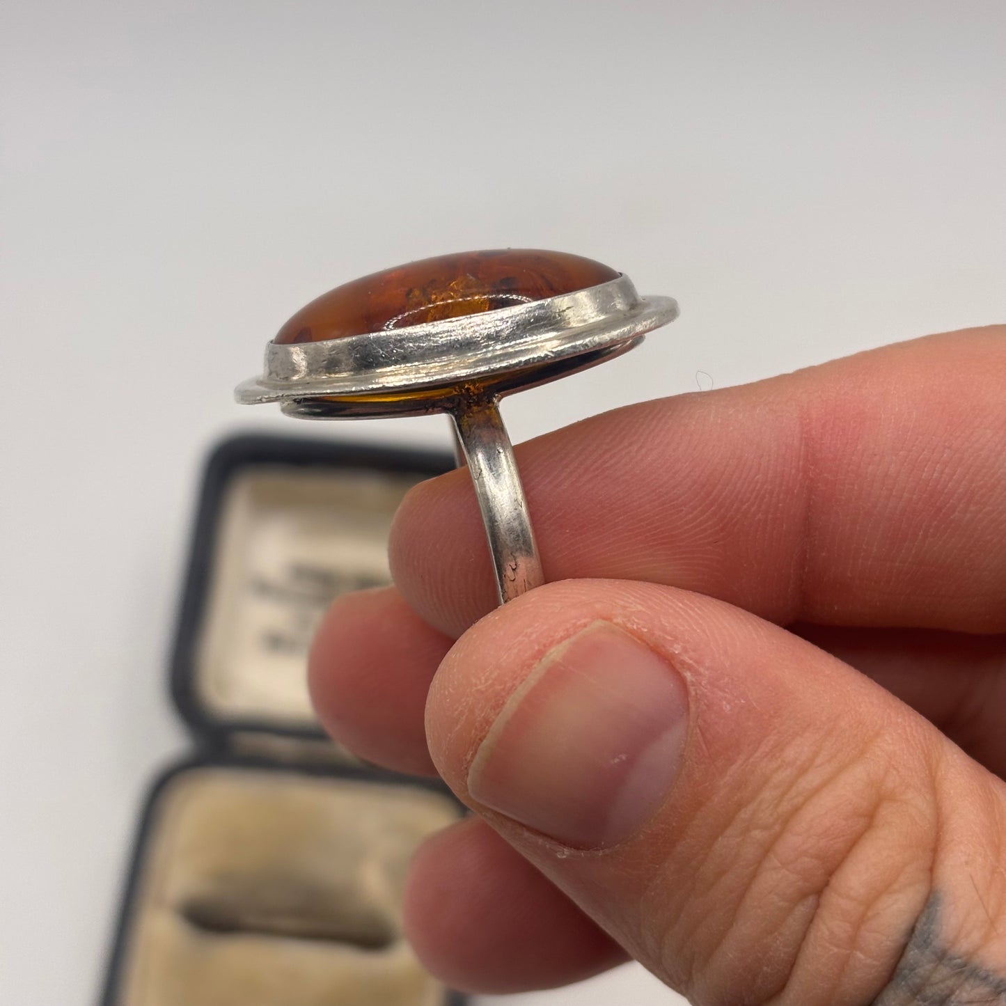 Silver Large Amber Ring (P)