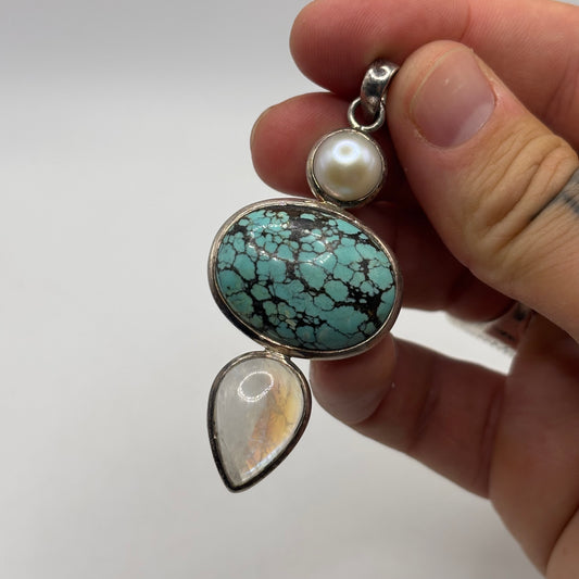 Silver Turquoise Moonstone & Pearl Pendant