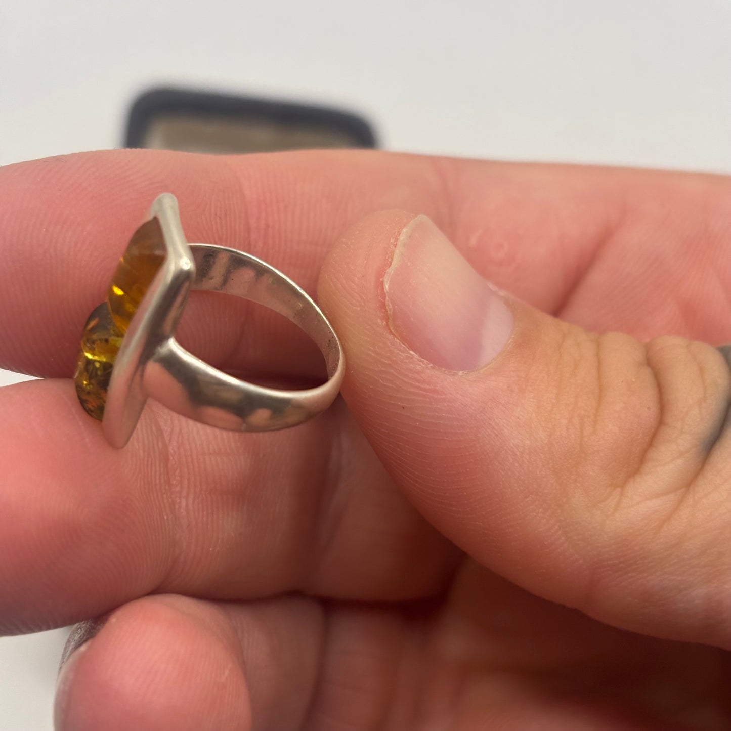 Silver Green Amber Ring (L)