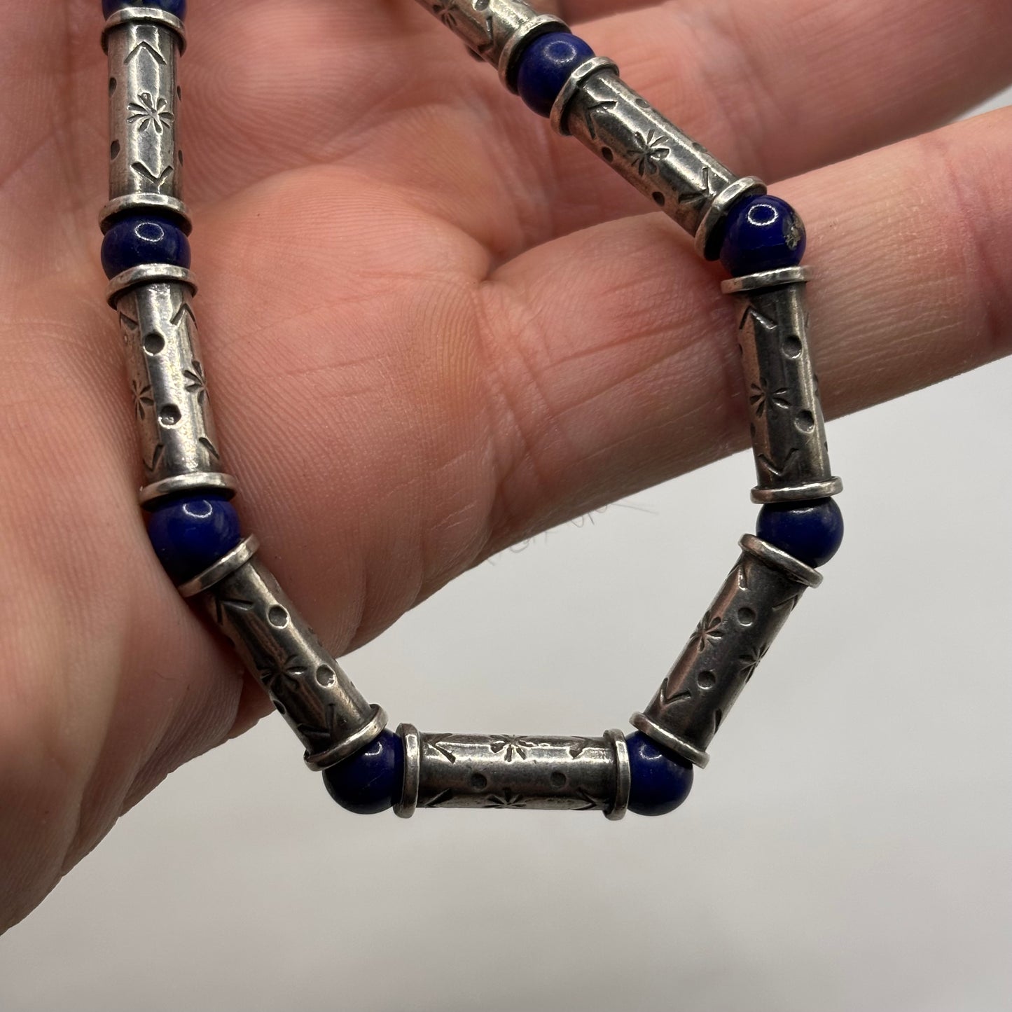 Silver 18” Lapis Stampwork Necklace