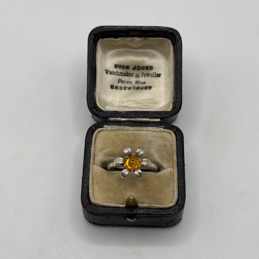 Silver Amber Flower Ring