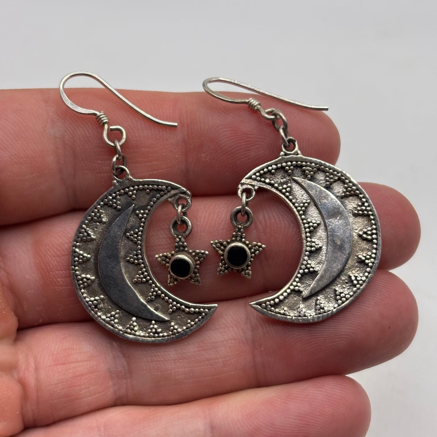 Silver Onyx Moon & Star Earrings