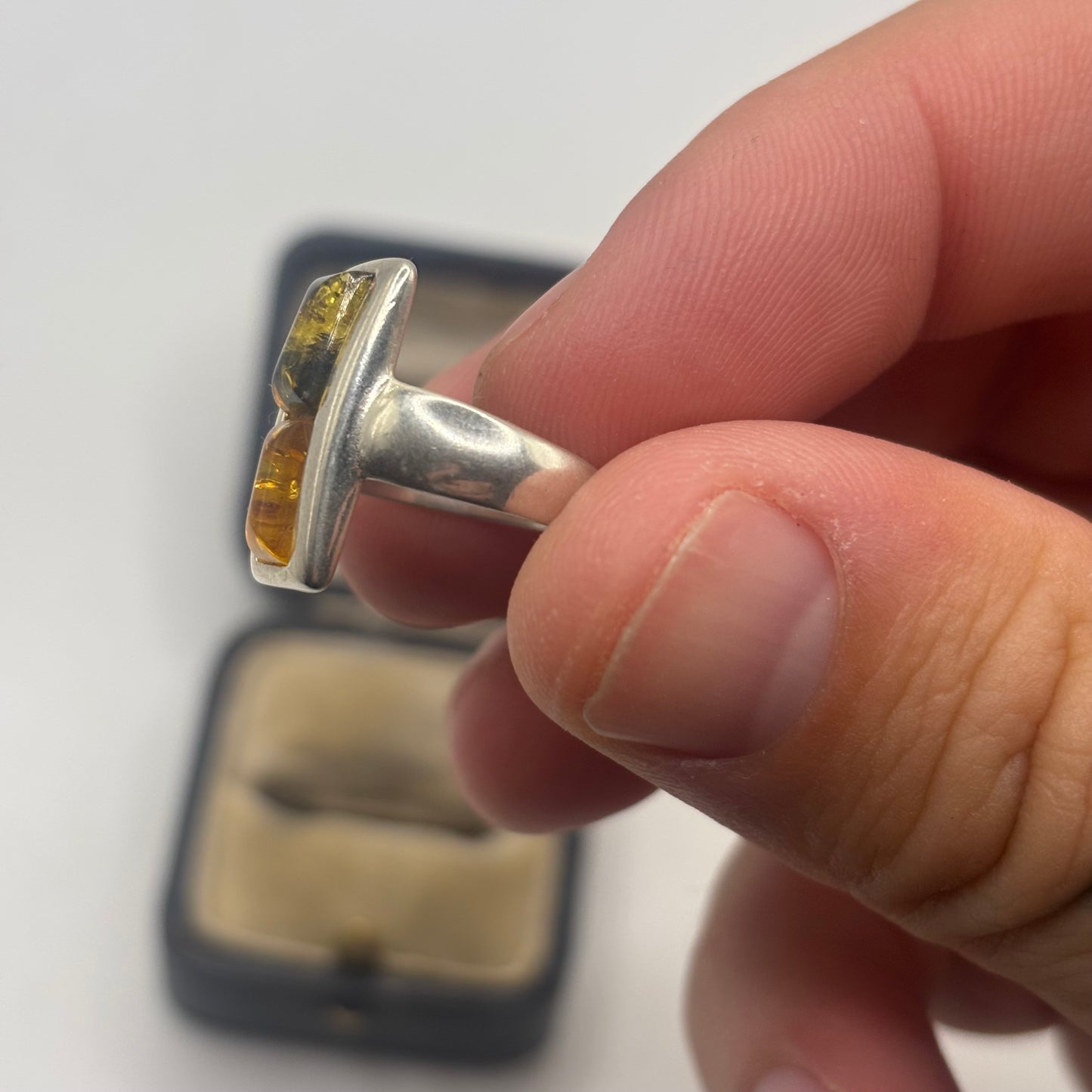 Silver Green Amber Ring (L)