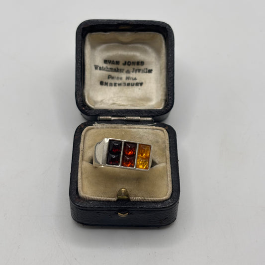 Silver Mixed Amber Abstract Ring
