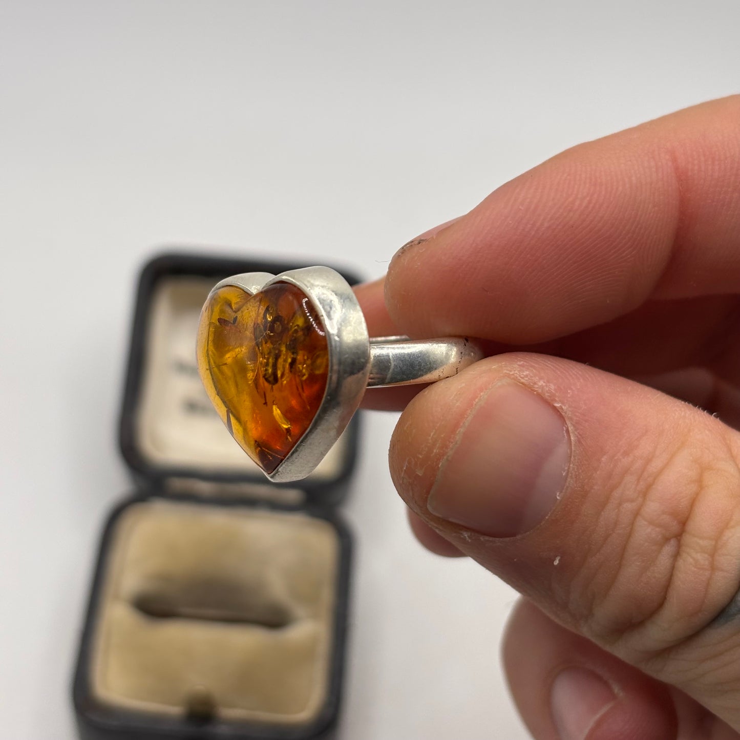 Silver Large Amber Heart Ring