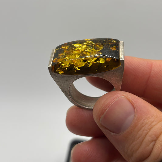 Silver Chunky Abstract Amber Ring