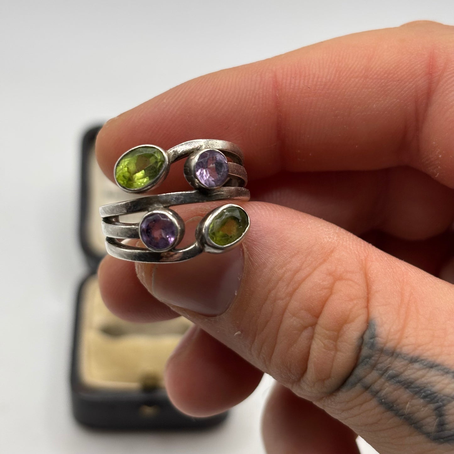 Silver Amethyst & Green Topaz Ring