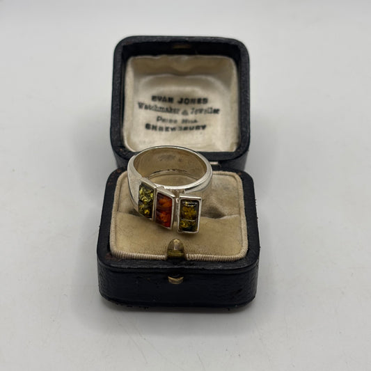 Silver Amber Unusual Ring