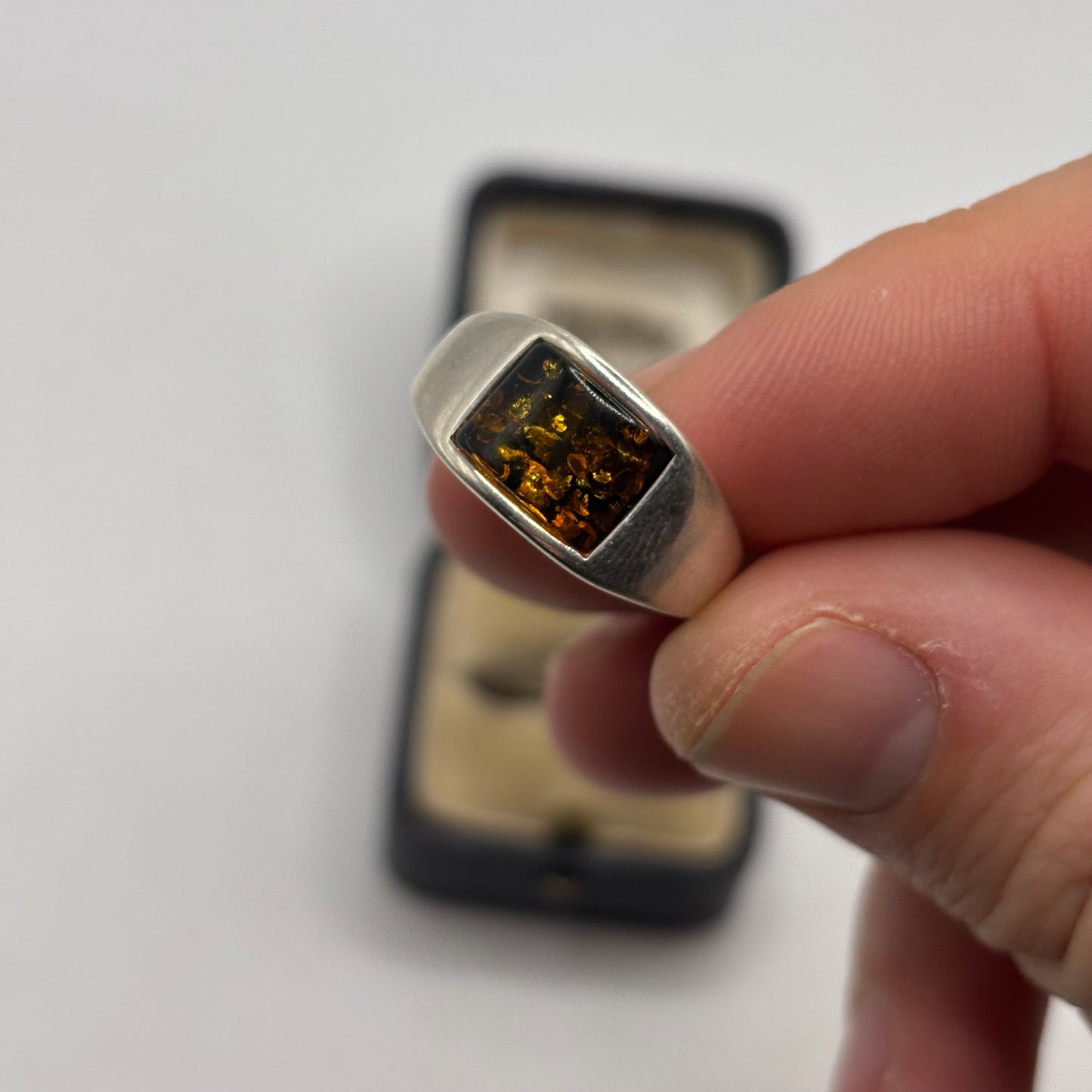 Silver Amber Inlayed Ring