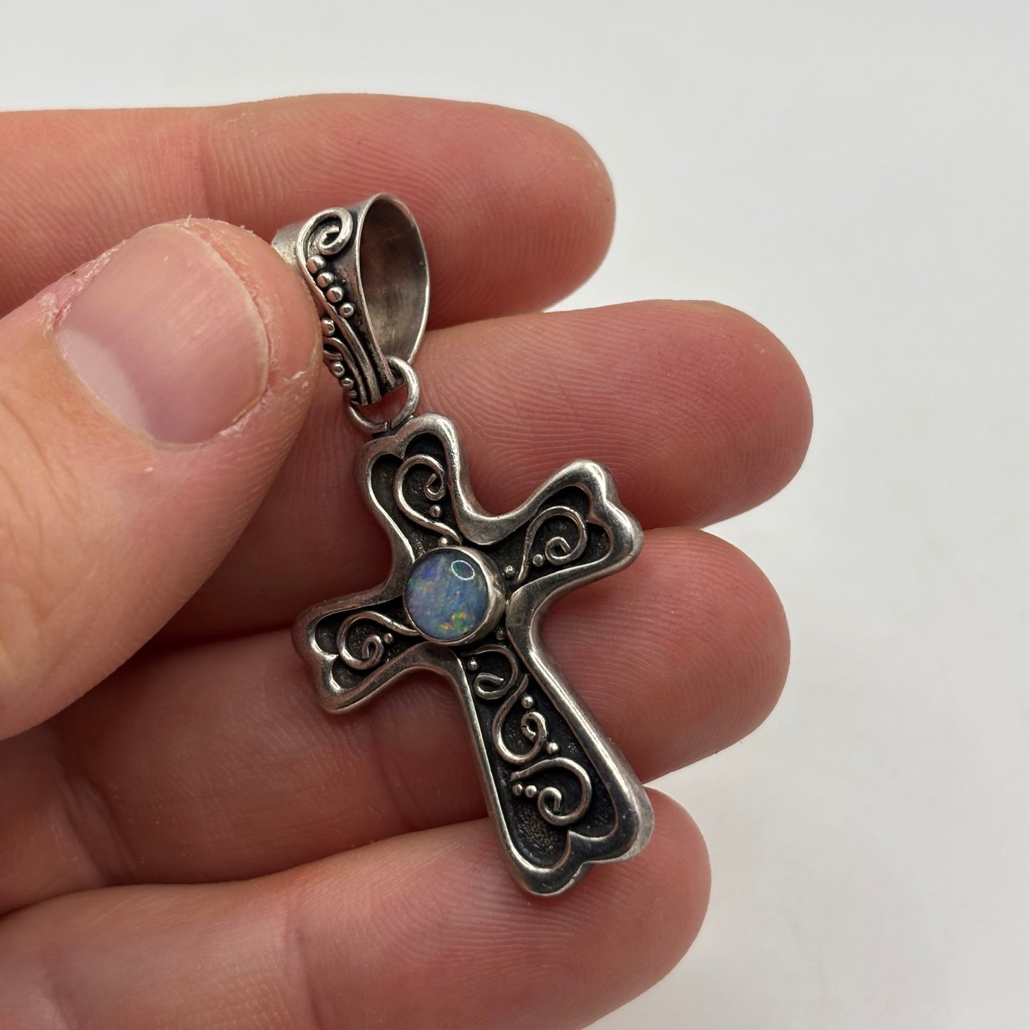 Silver Balinese Opal Cross Pendant