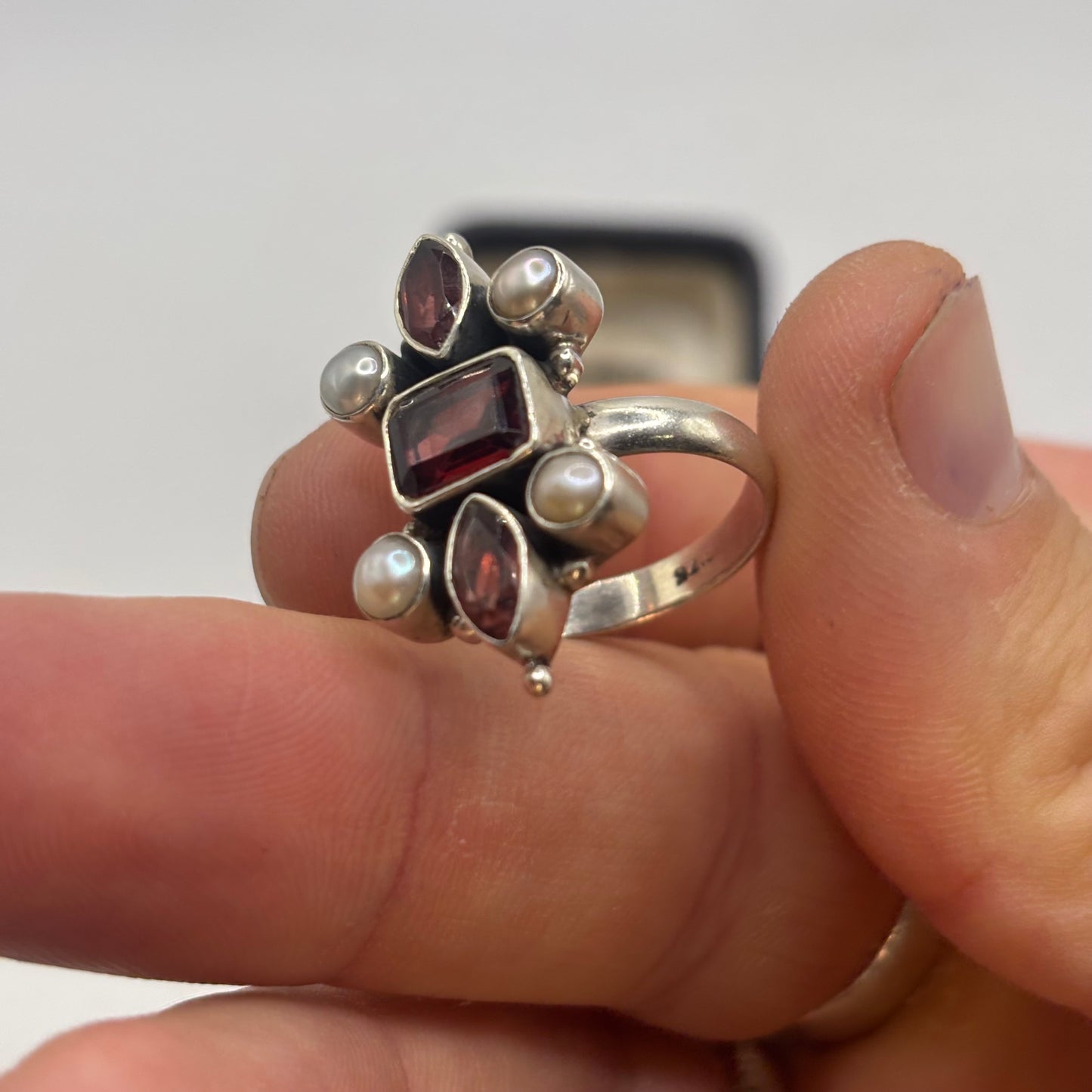 Silver Garnet & Pearl Ring
