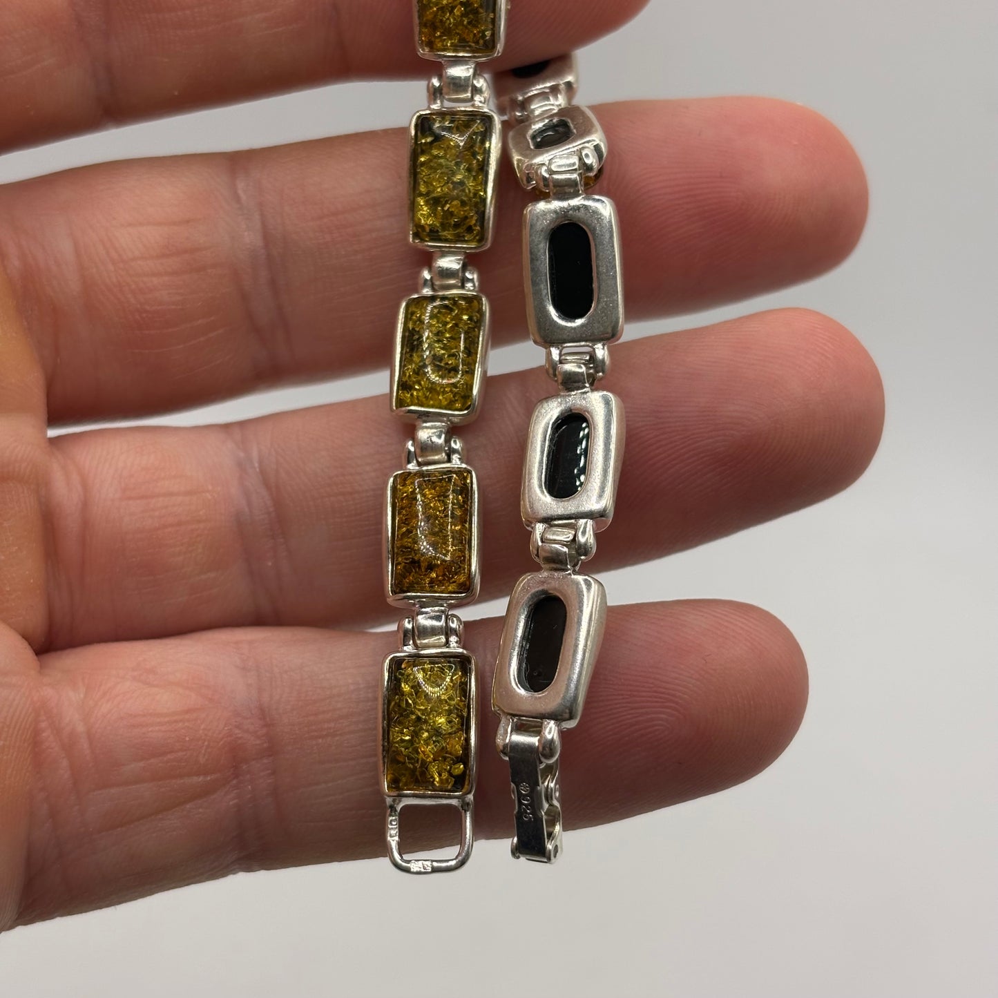 Silver Green Amber 7.5” Bracelet