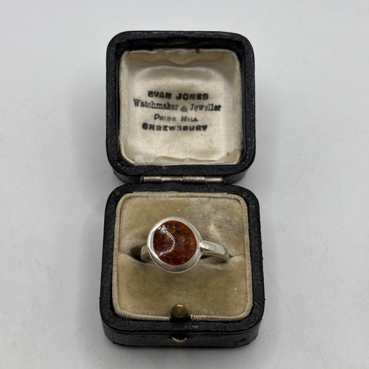 Silver Amber Inlayed Ring (Q)