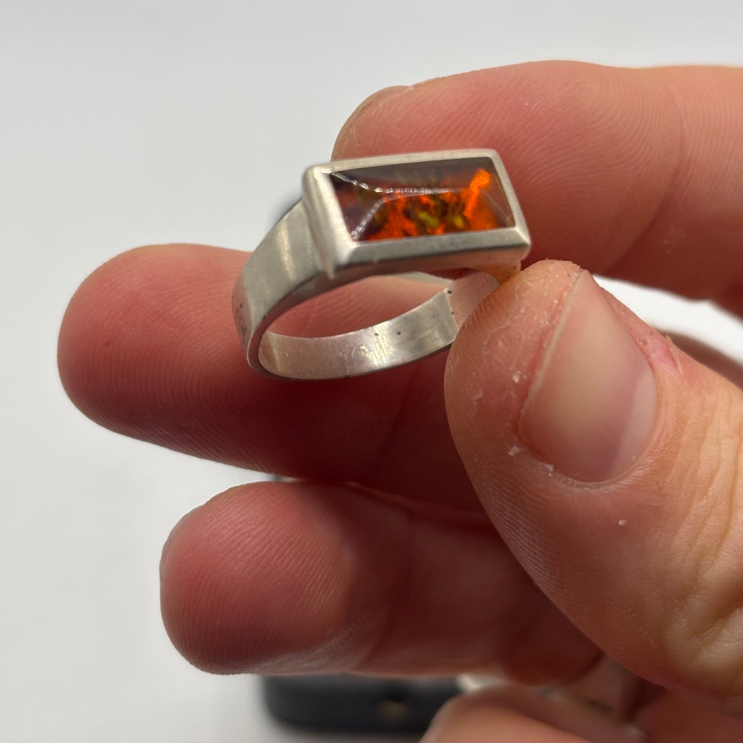 Silver Amber Inlayed Ring