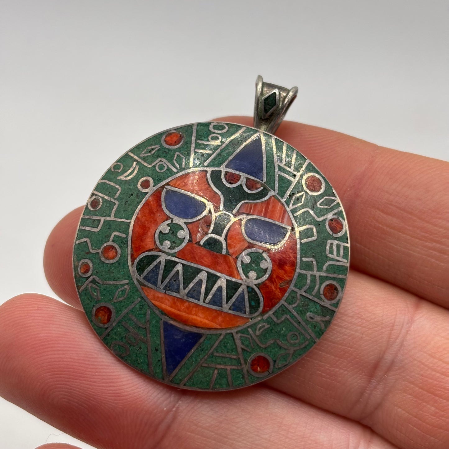 Silver Aztec Inlayed Face Pendant