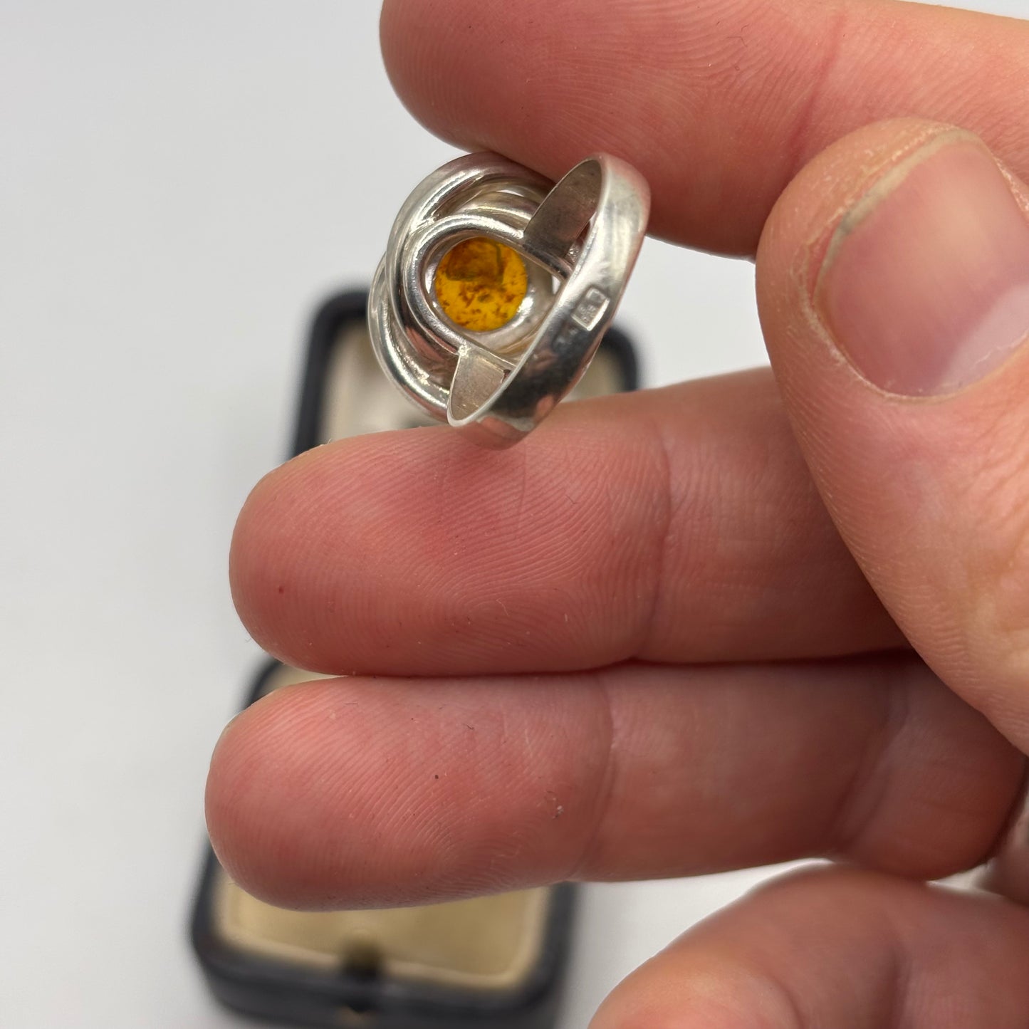 Silver Amber Abstract Ring