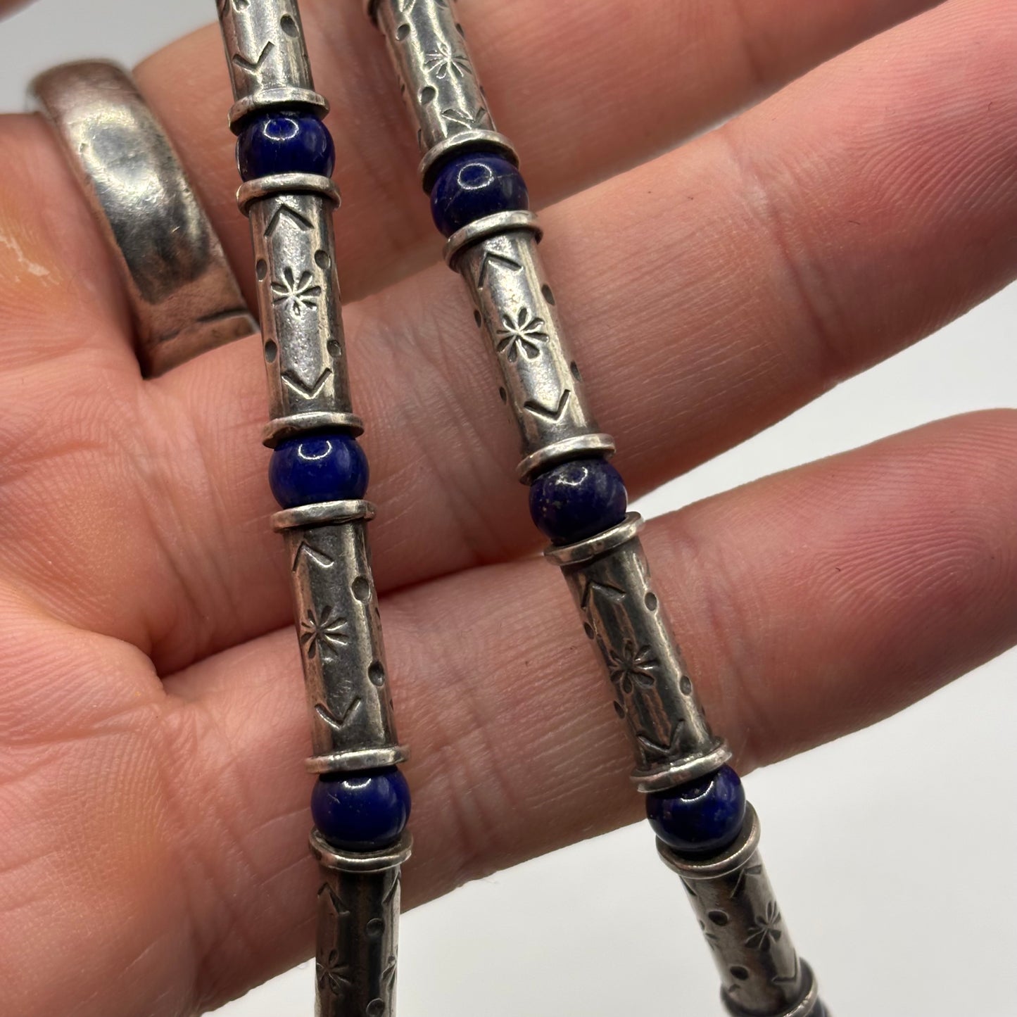 Silver 18” Lapis Stampwork Necklace