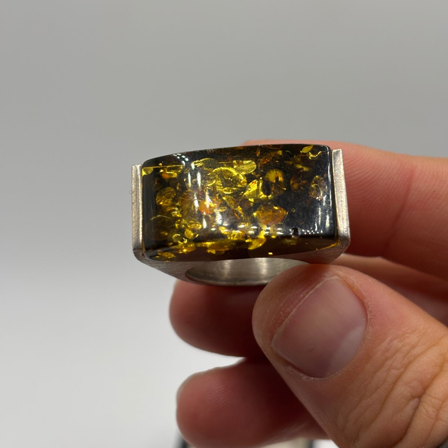 Silver Chunky Abstract Amber Ring