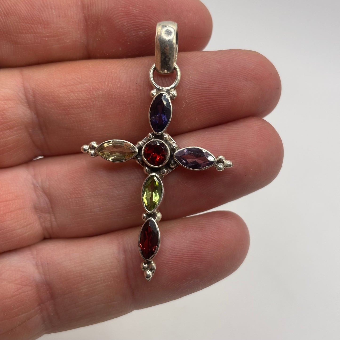 Silver Mixed Gem Cross Pendant