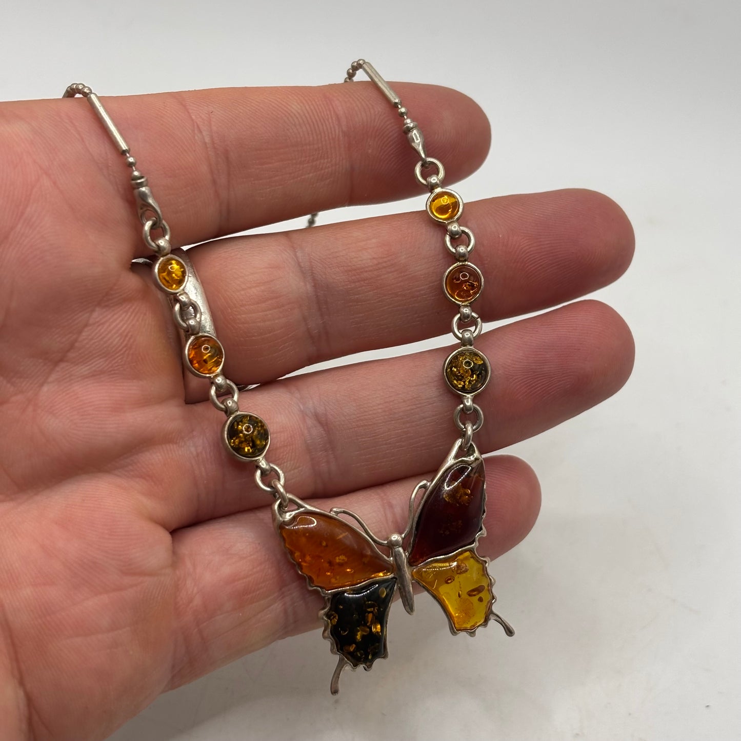 Silver 20” Amber Butterfly Necklace