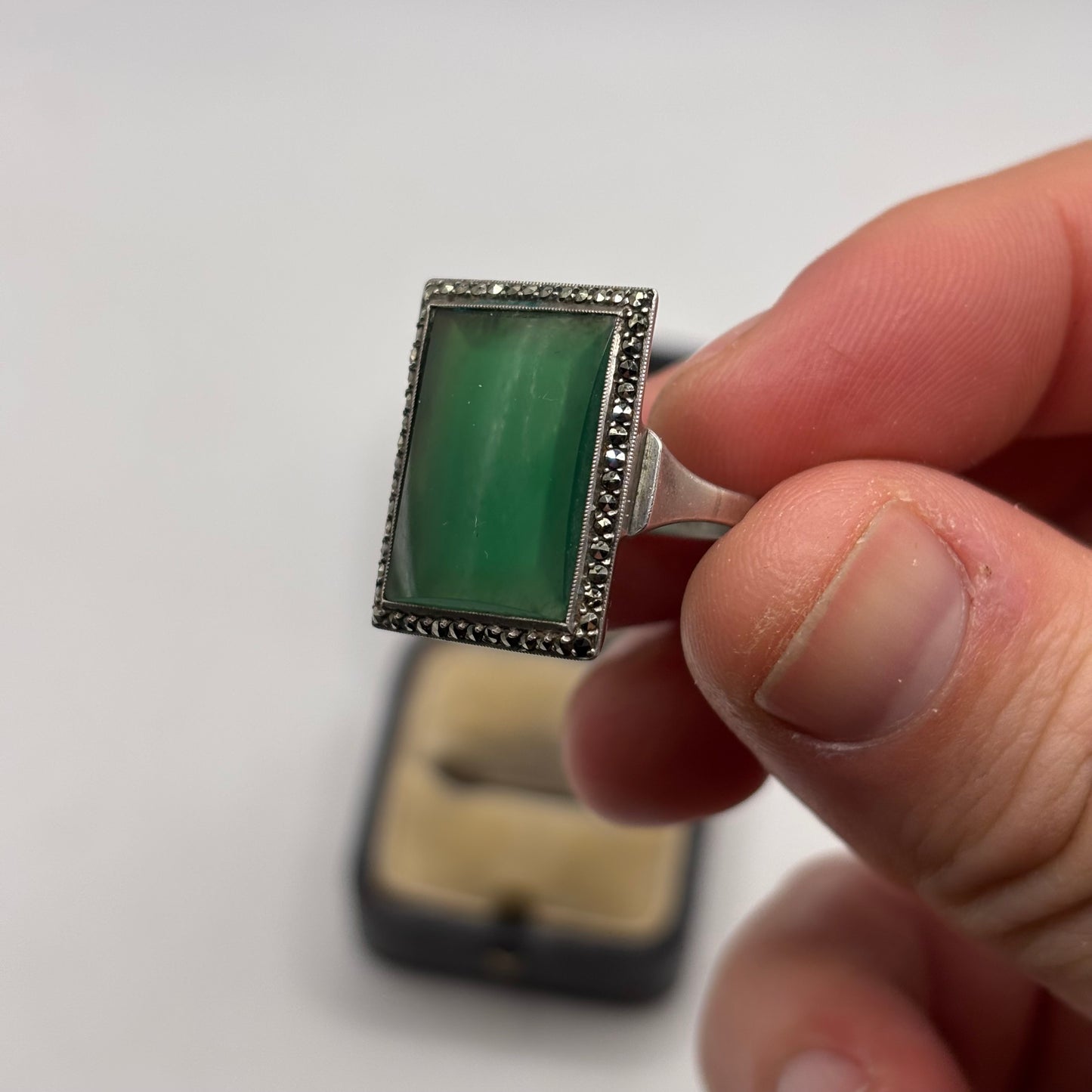 Silver Jade & Marcasite Art Deco Ring