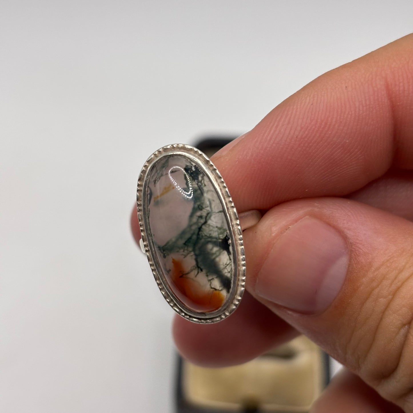 Silver Vintage Moss Agate Ring (J)