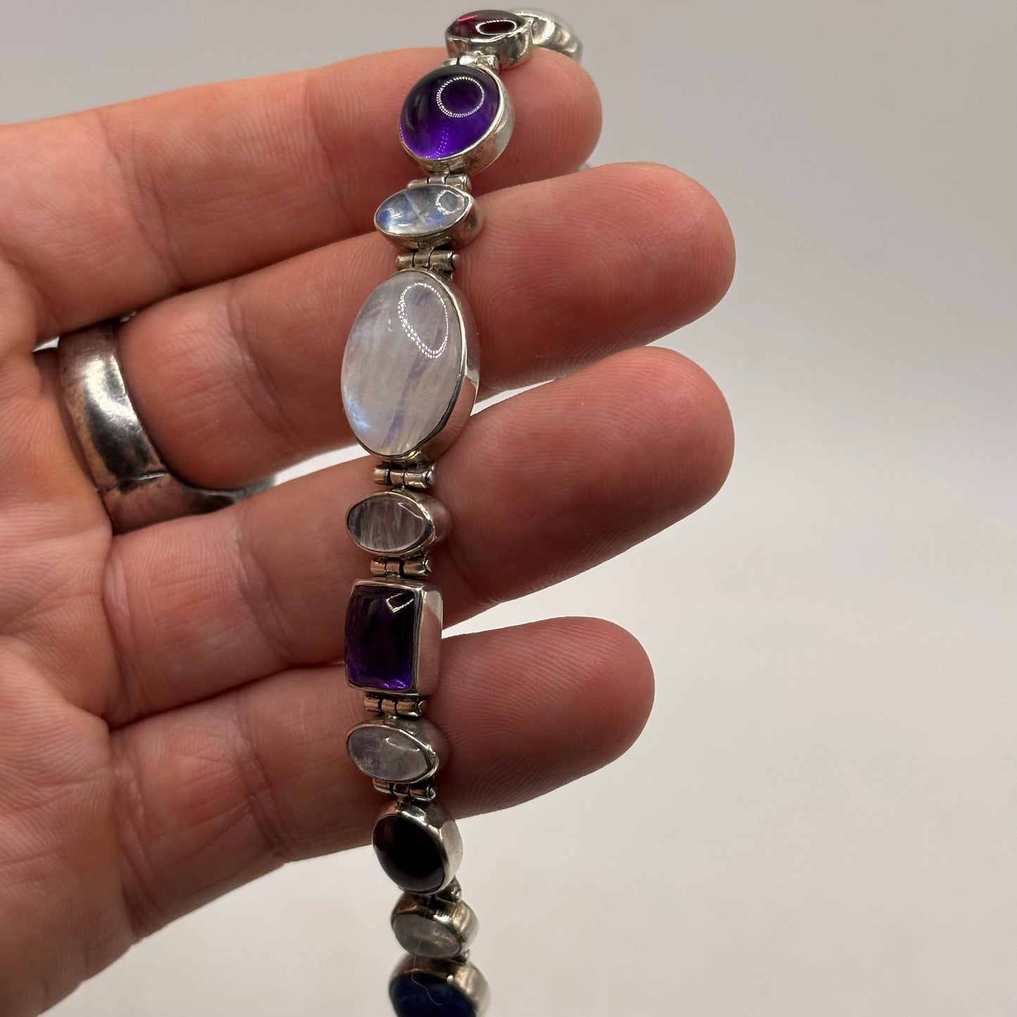 Silver 7.5” Moonstone & Gem Bracelet