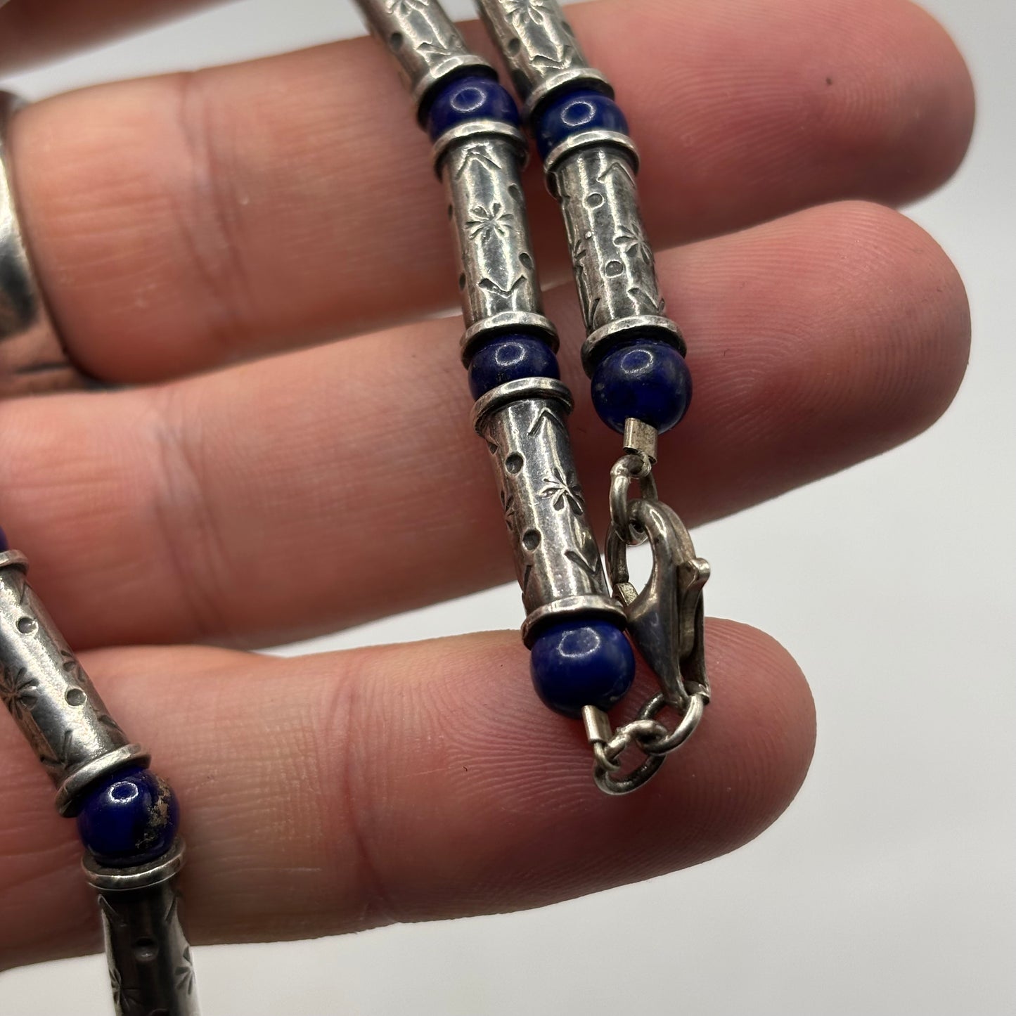 Silver 18” Lapis Stampwork Necklace