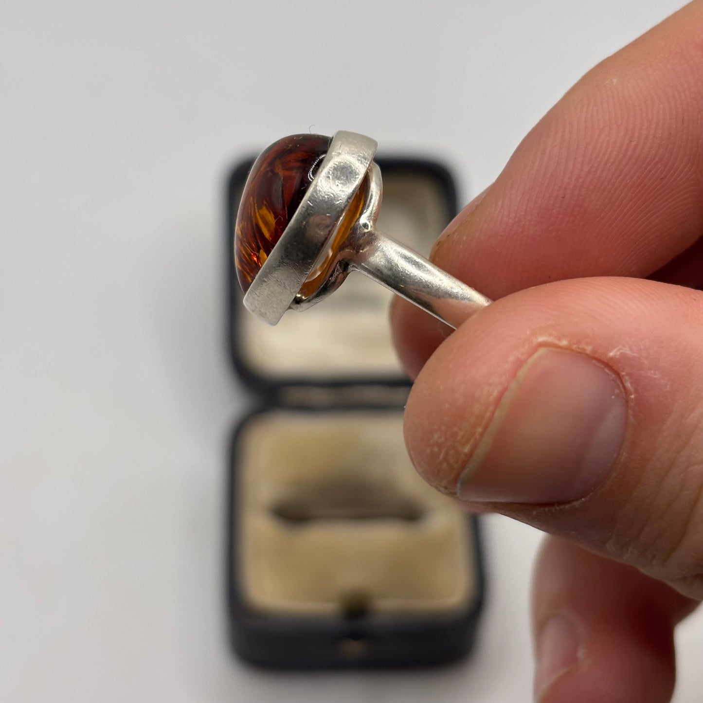 Silver Amber Heart Ring