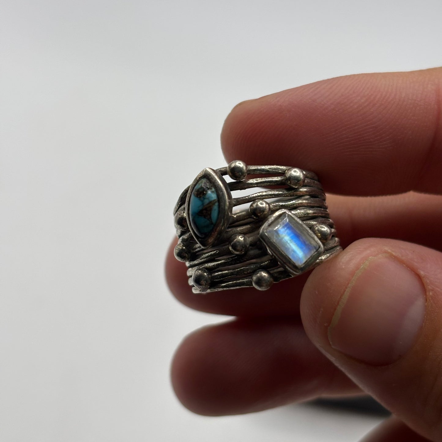 Silver Abstract Moonstone & Turquoise Ring (Q)