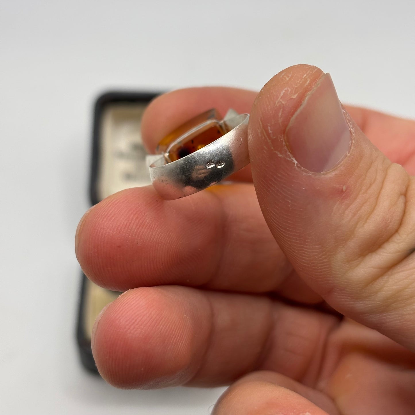 Silver Abstract Amber Ring