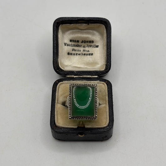 Silver Jade & Marcasite Art Deco Ring
