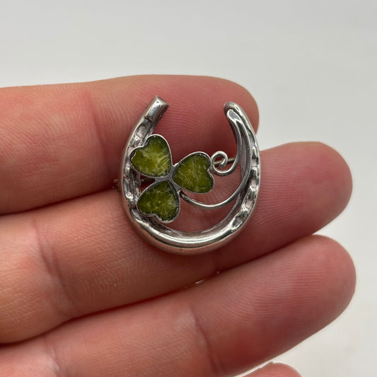 Silver Irish Shamrock Horseshoe Brooch
