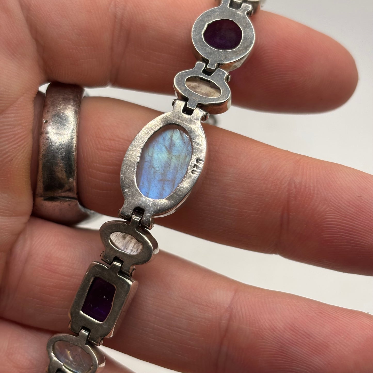 Silver 7.5” Moonstone & Gem Bracelet