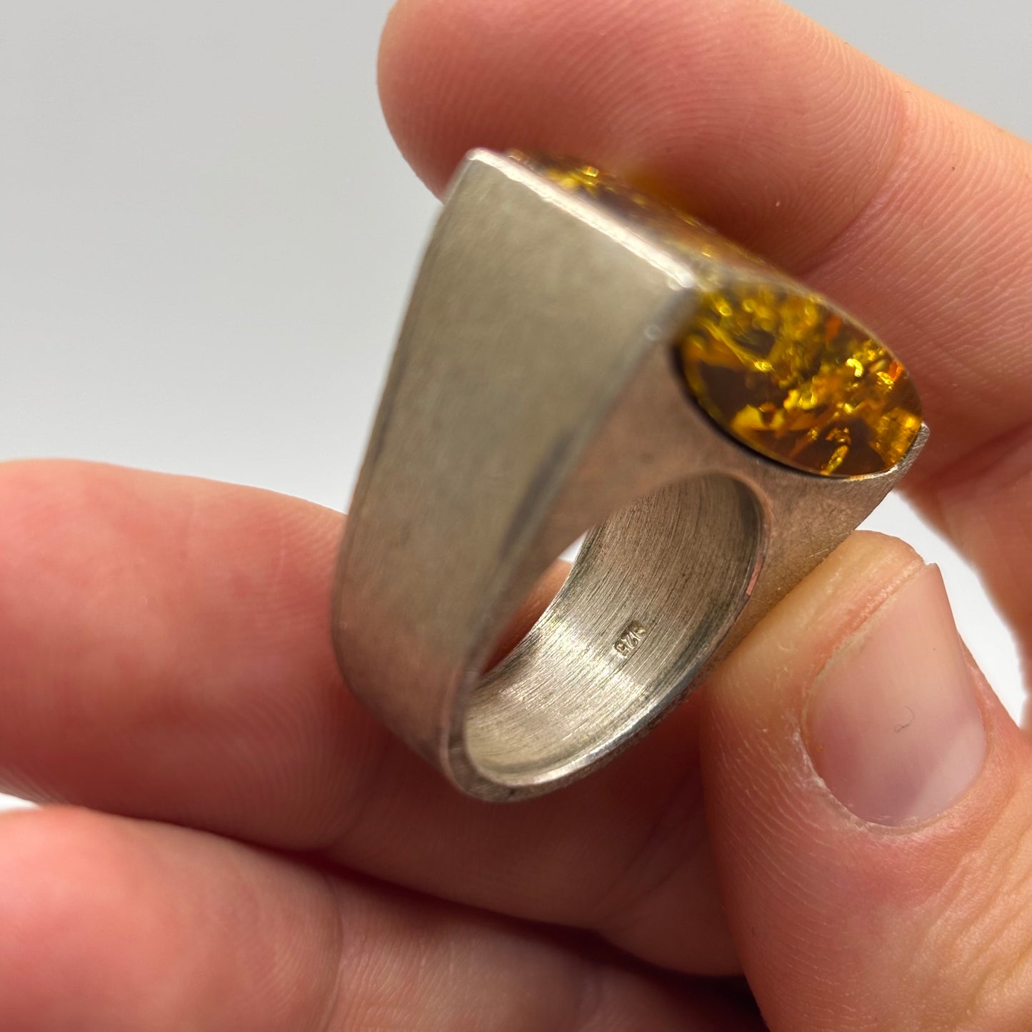Silver Chunky Abstract Amber Ring