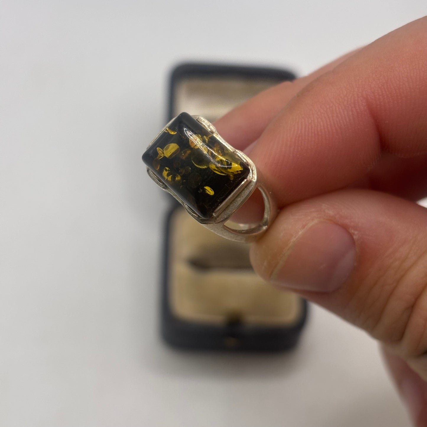Silver Chunky Green Amber Ring (N)