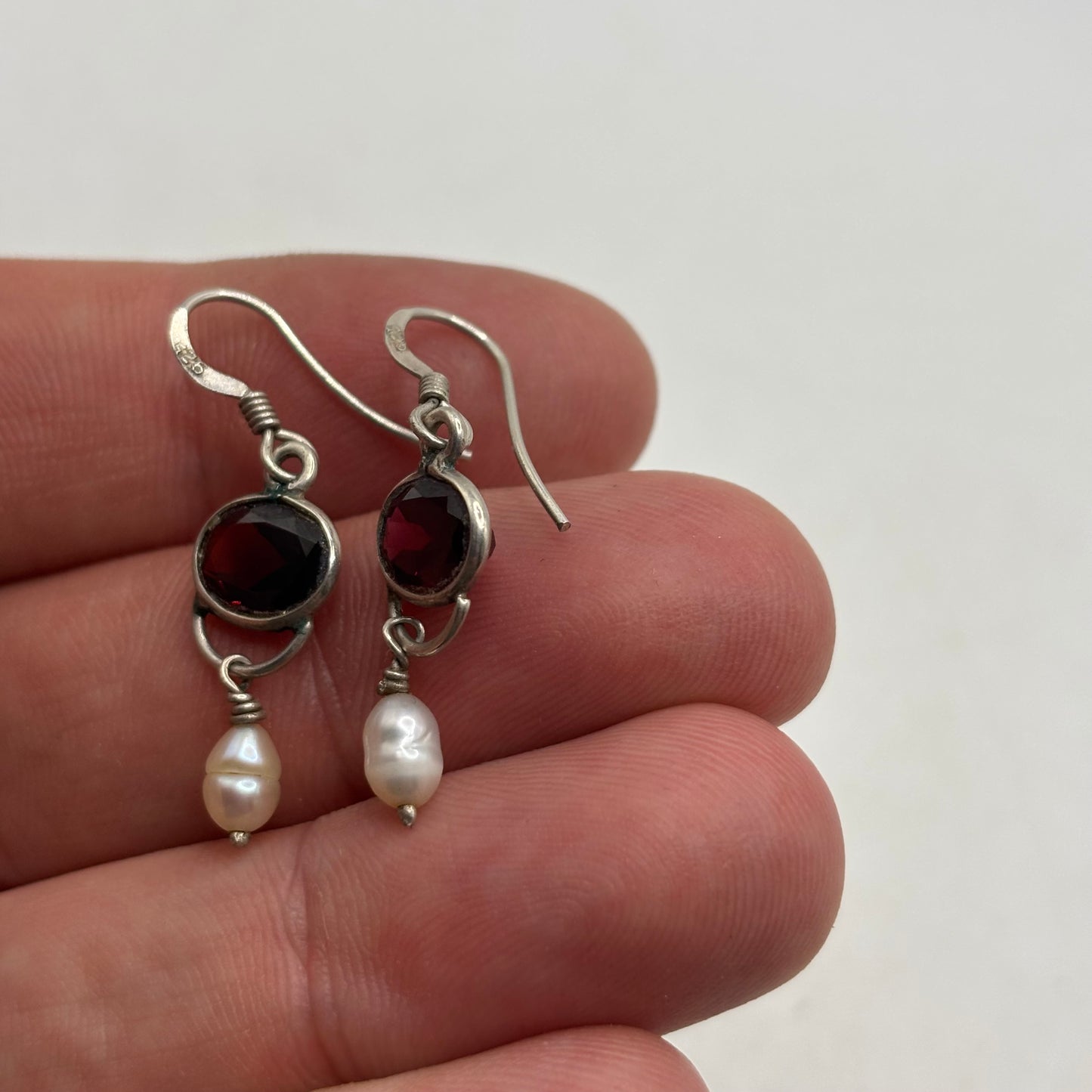 Silver Garnet & Pearl Earrings