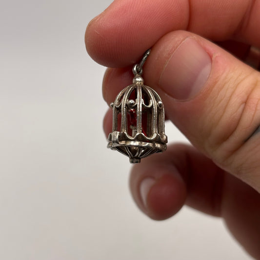 Silver Red Enamel Parrot Cage Pendant