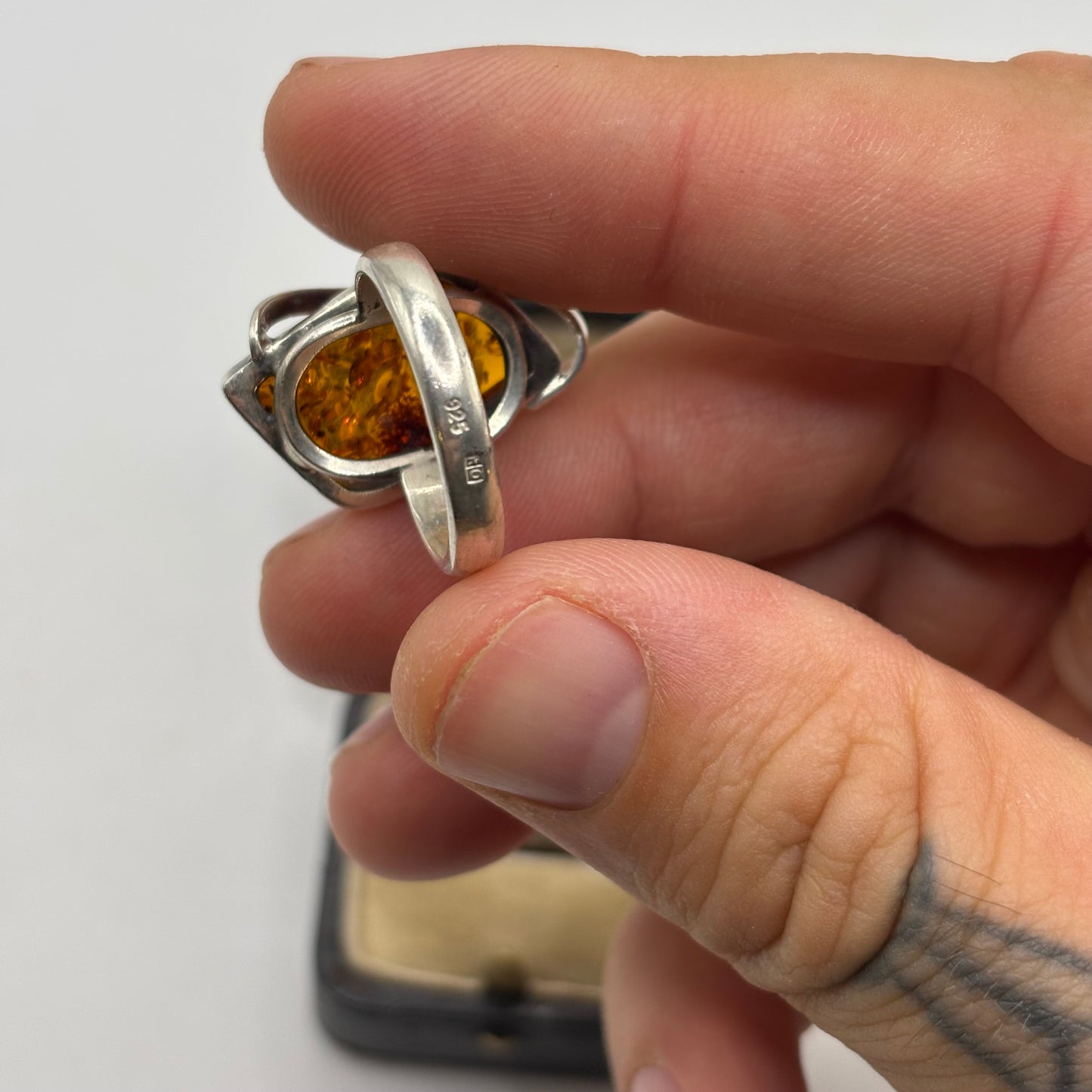 Silver Amber Abstract Ring