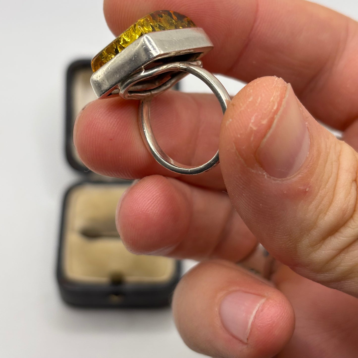 Silver Green Amber Ring