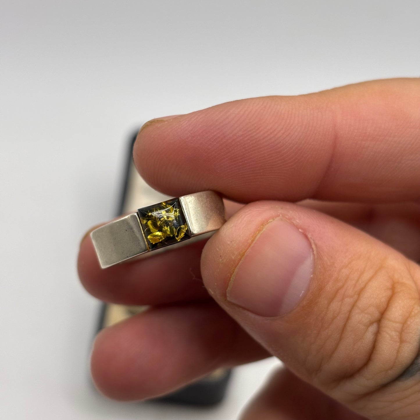 Silver Green Amber Signet Ring (R)