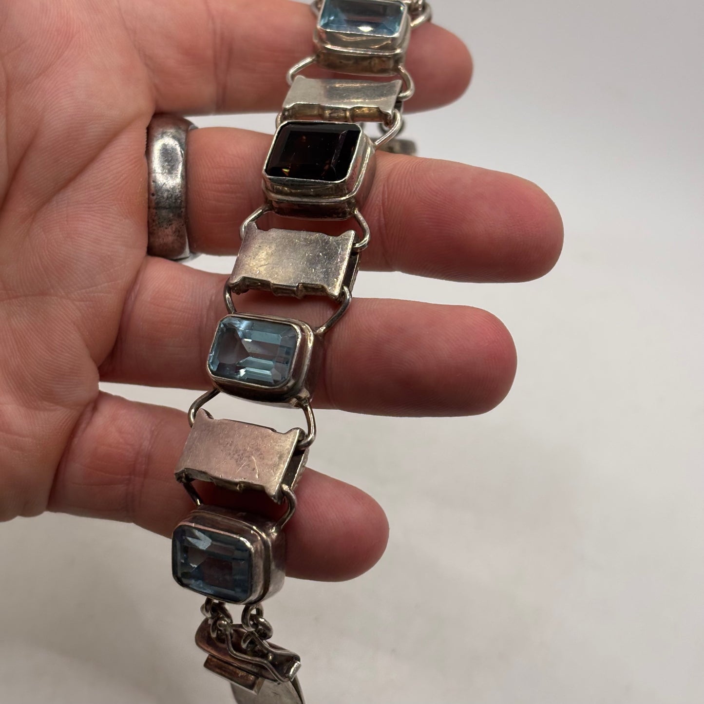 Silver 7.5” Heavy Blue Topaz & Smokey Quartz Bracelet