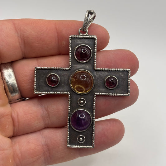 Silver Huge Mixed Gem Cabochon Cross