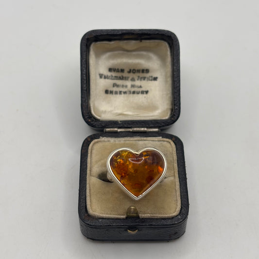 Silver Amber Heart Ring