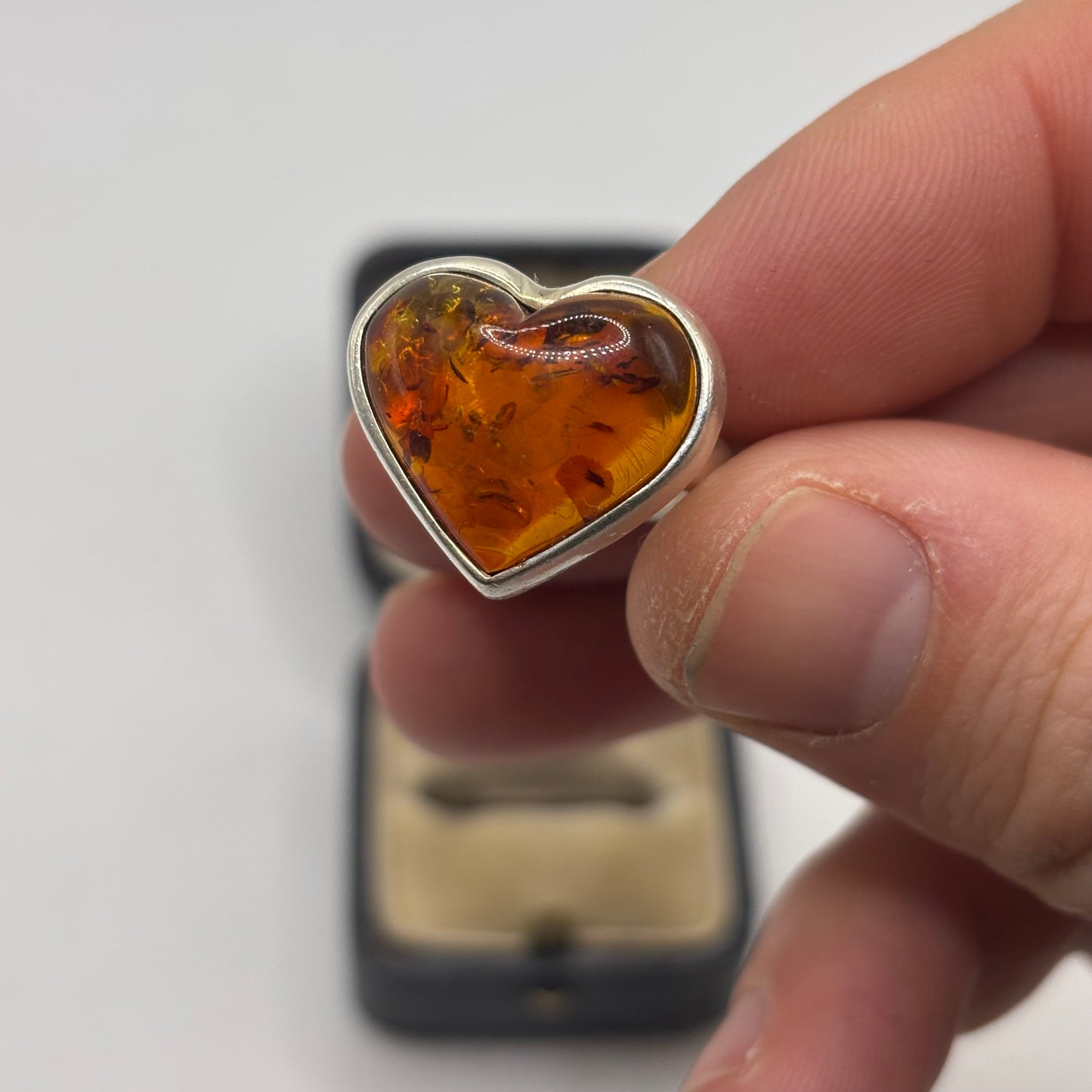 Silver Amber Heart Ring