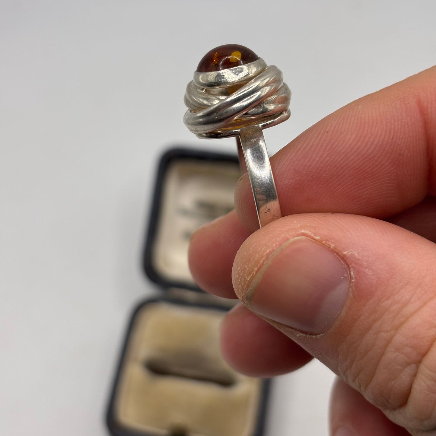 Silver Amber Abstract Ring