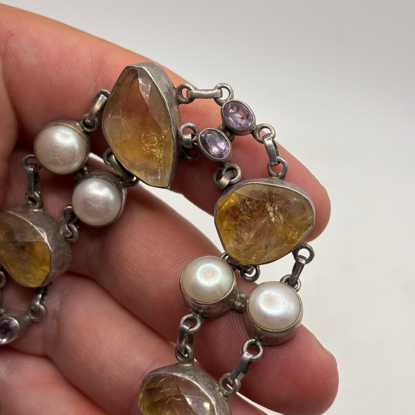 Silver 7”-7.5” Citrine & Pearl Bracelet