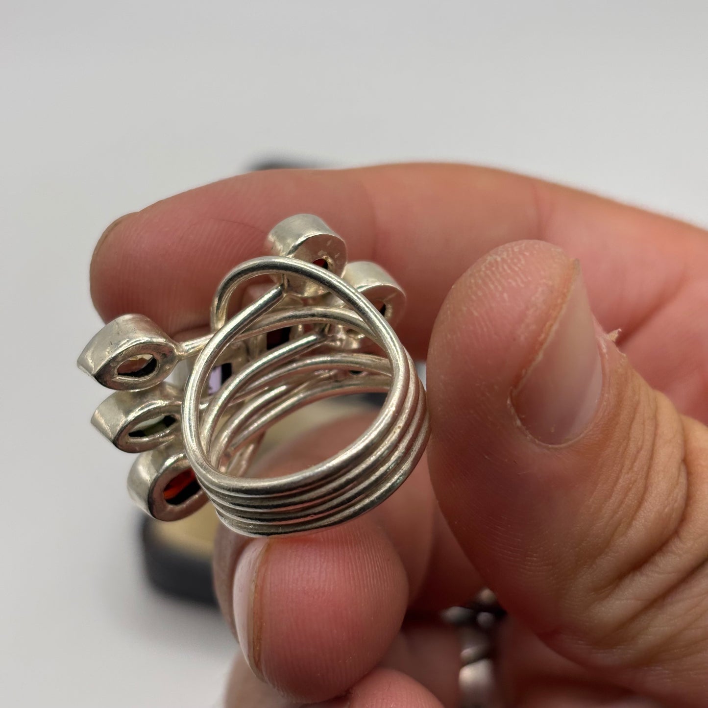 Silver Abstract Mixed Gem Ring (O)