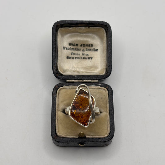 Silver Amber Abstract Ring
