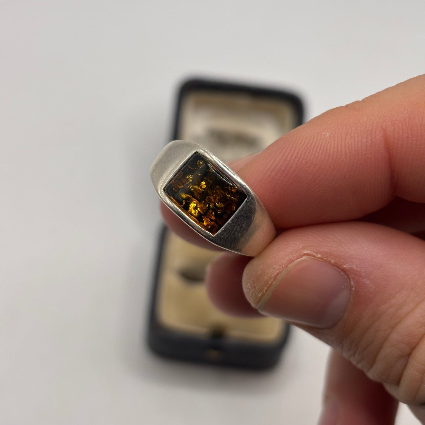 Silver Amber Inlayed Ring